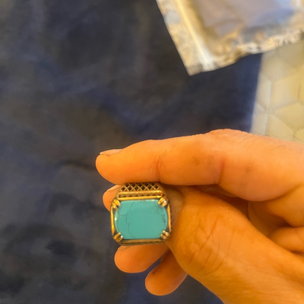 Turquoise Stone Men's Silver Ring - Blue Accent - Picture 8 of 9